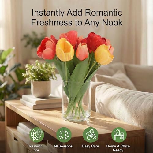 Realistic Fake Flowers Artificial Tulip Arrangement with Glass Vase, Adjustable Stems, for Home Living Room Table Office Wedding Decoration（Mixed Colors） - color: Mixed Colors