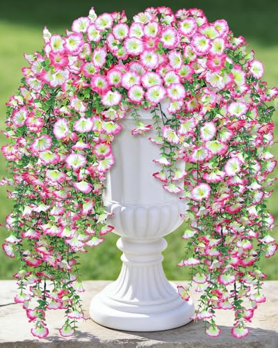 Artificial Flowers for Outdoors, 6-Pack 420 Blooms UV Resistant Hanging Morning Glory Silk Flowers Vines, Realistic Fake Plants Outside Decroation for Porch Patio Balcony Yard Garden (Light Pink) - color: Light Pink
