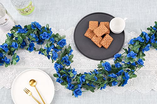 Miracliy 8Pcs 66FT Blue Flower Garland, Artificial Rose Floral Vines Fake Hanging Spring Flower Garland for Wall Backdrop Wedding Arch Tea Party Door Mantle Decoration - color: Sapphire-8pcs