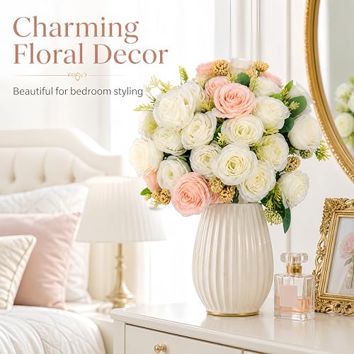 4 Bundles Peony Artificial Flowers, White Peonies with Stems for Home Wedding Party DIY Decor