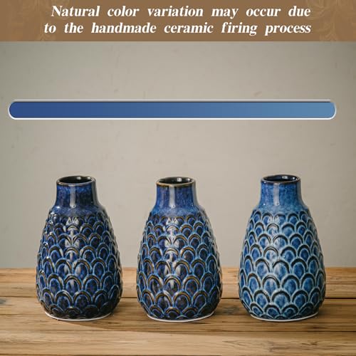 Ceramic Flower Vase, 9.06” Vintage Blue Pottery Vase for Home Decor, Rustic Textured Vase for Pampas Grass, Living Room, Entryway, Mantel, Kitchen Table, Centerpiece - color: 403-blue