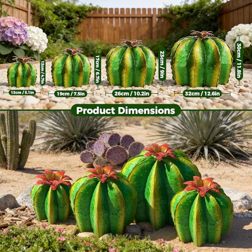 KODIBO Metal Cactus Yard Art, 4-Pack Desert Steel Garden Decor, Artificial Barrel Cactus with Flower Tops, Weather-Resistant Garden Sculptures & Statues, Outdoor Decorations for Patio Lawn Porch - color: Barrel Cactus: 4-pack