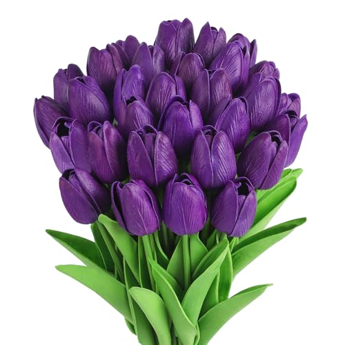 MACTING 30 PCS Artificial Tulip Flowers 13.7" Real Touch Fake Flowers Faux PU Tulips Bouquet for Floral Arrangements Table Centerpieces Kitchen Home Mothers Day Spring Easter Decorations,Purple - color: Purple