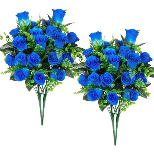 XONOR Artificial Rose Flowers - 4Bouquets Realistic Fake Silk Roses for Wedding Party Home Centerpieces Office DIY Cemetery Grave Decoration (Pack of 4, Blue) - color: Blue