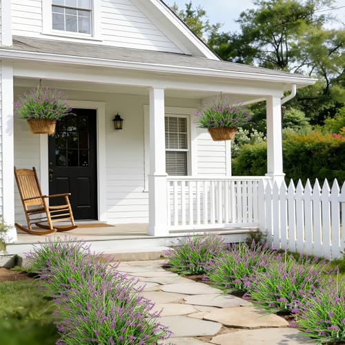 24 Bundles Artificial Plants Flowers Outdoor, Faux Lavender Flowers Fake Monkey Grass UV Resistant Plastic Plant for Porch Garden Patio Window Home Decor, Lotus - color: Lotus
