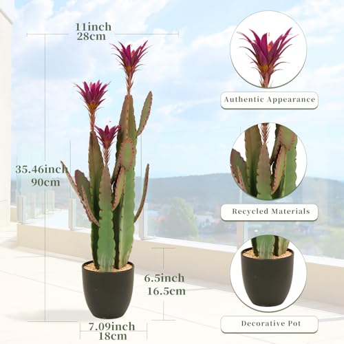 3ft Tall Artificial Cactus with Magenta Flower in Pot, Fake Cacti Plant of Satin Finish Leaves with Real Look, Outdoor & Indoor Faux Plants for Home Office Hotel Patio Balcony or Garden Decor - color: Red Flower, size: 36''
