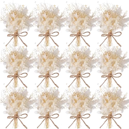 Yinkin 12 Pcs Mini Dried Flower Bouquet for Boho Floral Wedding 6'' Small Dry Pampas Grass Handmade Tiny Dried Flower for Crafts DIY Boutonniere Table Centerpieces Bridesmaid Gift Box(White,Classic) - color: White, style: Classic