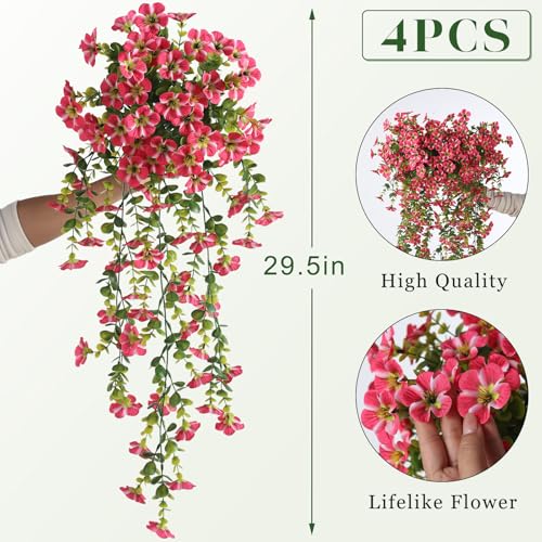 4 Bundles Artificial Hanging Morning Glory Flowers for Outdoor, Realistic Hanging Flowers Silk Fake Morning Glory with Faux Eucalyptus for Yard Garden Porch Patio Balcony Home Decor (Rose Red) - color: Rose Red