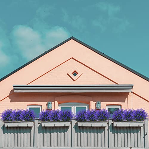 12 Bundles Fake Outdoor Flowers UV Resistant Plants Artificial Lavender Faux Plastic Shrubs Window Box Garden Porch Home Decor(Purple) - color: Purple