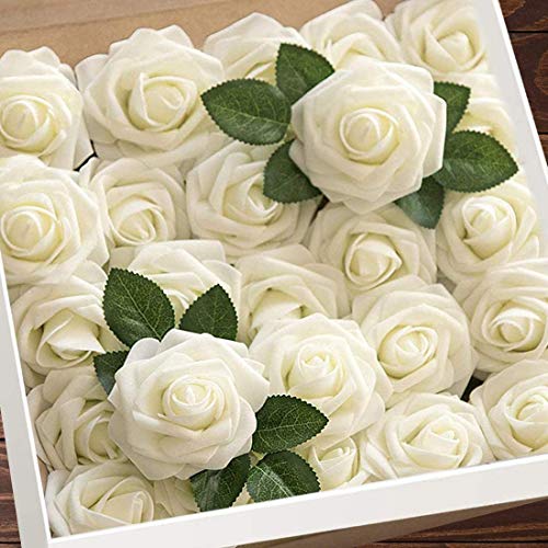 Higfra Artificial Flowers 25pcs Real Looking Fake Roses with Stems for DIY Wedding Bouquets Baby Shower Centerpieces Floral Arrangements Party Tables Home Decorations - color: Cream, size: 25Pcs