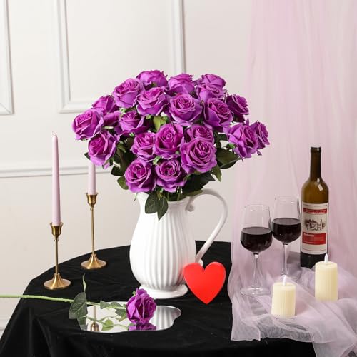 Nubry Artificial Silk Roses, 10Pcs Lifelike Fake Rose Bouquet, Purple Faux Flowers for Home Office Decor, Table Centerpiece, Wedding, Birthday Gift & Anniversary - color: Purple
