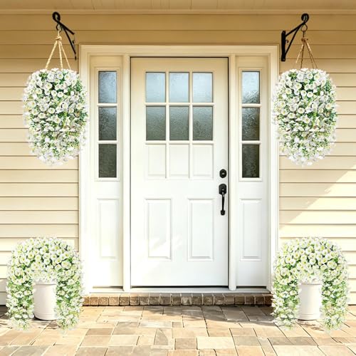 Artificial Hanging Flowers for Outdoors, 6 PCS Silk Morning Glory Artificial Flowers with Eucalyptus Leaves, UV Resistant Fake Flower Realistic Faux Plants for Home Patio Porch Garden Decor, White - color: White
