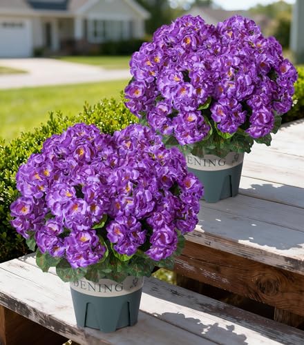 Geraniums Artificial Flowers for Outdoors, 2 Pack Potted Plants Purple Faux Geraniums Bush Artificial Topiaries Realistic UV Resistant Fake Flowers Greenery for Outside Garden Porch Patio Yard Indoor - color: Purple