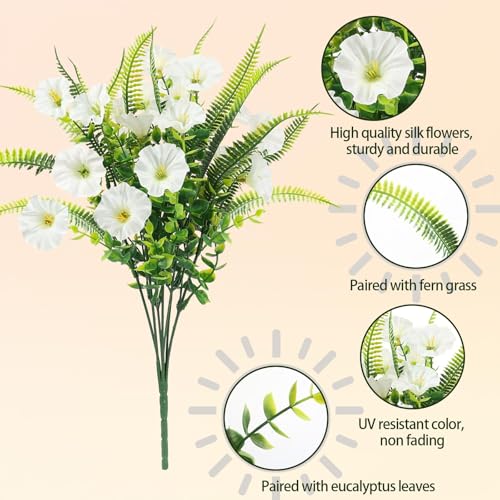Artificial Flowers for Outdoors 12 Bundles White Artificial Petunias Fake Flowers UV Resistant Shrubs Plants with Fern for Indoor Outside Hanging Planters Home Garden Spring Summer Decorations - color: White