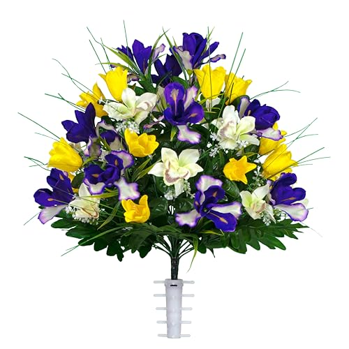 Sympathy Silks Artificial Cemetery Flowers - Grave Decoration - Yellow Tulips and Purple Iris (1) Bouquet - color: Yellow/Purple, size: (1) Bouquet