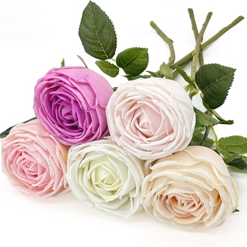 5Pcs Mutil-Color Real Touch Silk Flowers - Lifelike Roses Peony | Lifelike roses & peonies with soft latex touch, no watering needed. Perfect for wedding bouquets, home decor & DIY - color: Champagne,light Pink,white,pink,rose
