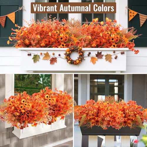 18 Bundles Artificial Fall Flowers for Outdoor Decor - UV Resistant Fake Mums Daisy & Faux Eucalyptus Plants for Indoor，Outdoor Autumn Decorations, Porch, Garden, Fireplace, Thanksgiving Window Box - color: Fall a