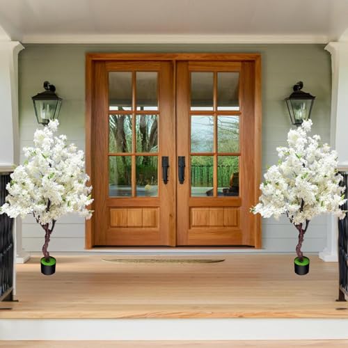Cherry Blossom Tree 5.3ft, Faux White Cherry Blossom Tree with Green Leaves for Wedding House Office Decor