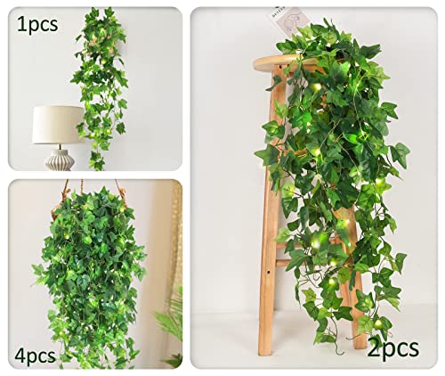 RECUTMS Hanging Fake Plants 4 Pack Artificial Vines Silk Ivy Greenery Garland with 30 LED Fairy String Lights Indoor and Outdoor Home Garden Hotel Green Leaves Wedding Bedroom Office Decoration - color: Hang-green Light