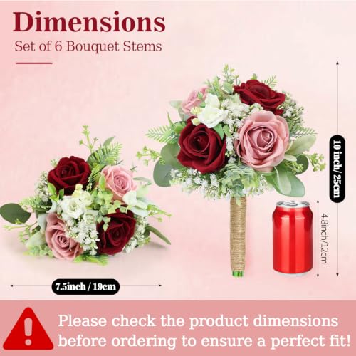Blush & Burgundy Bridesmaids Bouquets Set of 6-7 Inch Artificial Flowers Bridesmaid Bouquet for Wedding Pre-Made Rustic Rose Small Floral Bouquets for Bridal Shower Marriage Proposal Party Anniversary - color: Blush & Burgundy, size: 6pcs