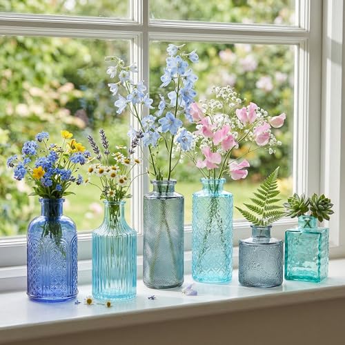 30Pcs Blue Glass Bud Vases, Wedding Table Decor, Bulk Housewarming Gift | Blue bud vases in bulk, Rustic embossed, Vintage-styled glass vases for centerpieces,15 unique vintage styles(2 per design) - color: Blue Series