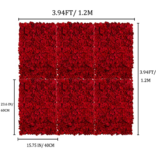 BLOSMON Flower Wall Backdrop Red - 6 Pcs 24 x 16 Inch Artificial Hydrangea Floral Panels for Wedding Party Baby Bridal Shower Decor - Fake 3D Silk Flower Backdrop Decoration - color: Red