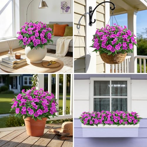 6 Pcs Artificial Flowers for Outdoors Fake Silk Periwinkle Flowers Faux Plants UV Resistant Bouquet Decorations for Planters Spring Summer Garden Porch Patio Window Box Balcony Home, Purple - color: Purple