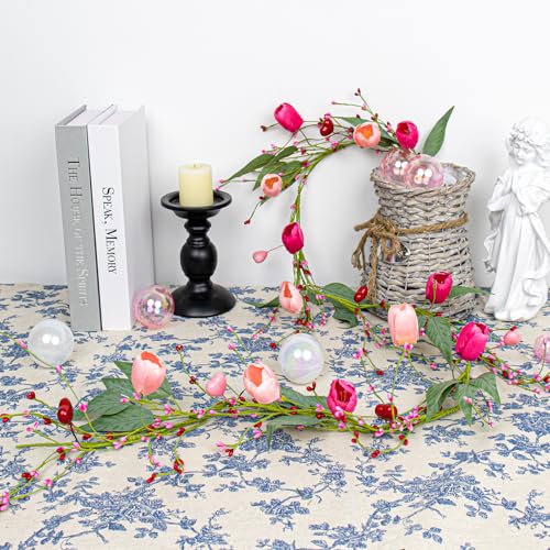 5 FT Valentine Garland Valentines Garlands Valentines Day Garlands Pink Floral Garland with Tuilps Heart Berry for Valentine's Day Indoor Wedding Party Stairs Table Fireplace Mantel