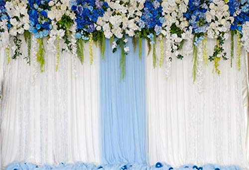 AOFOTO 10x6.5ft Blue White Flowers Curtain Wedding Backdrop Romantic Floral Wall Drapes Bride Groom Ladies Girls Photoshoot Background for Wedding Reception Ceremoney Birthday Cake Table Decor Banner - size: 10x6.5ft