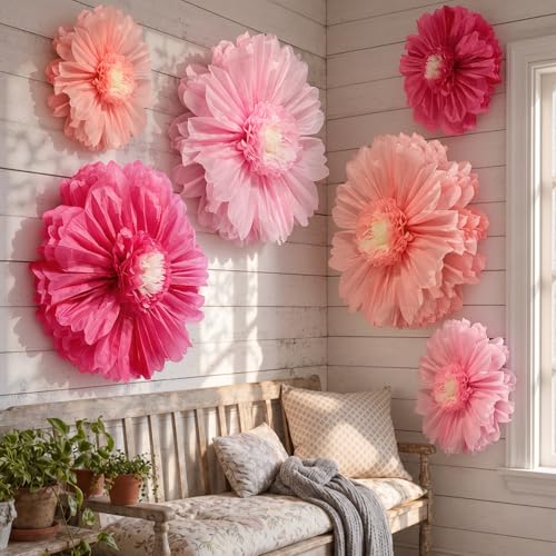 Giegxin 6 Pcs 31.4", 24" Pink, Rose Red Giant Paper Flowers Big Pink Tissue Flowers for Wall Decorations Jumbo Crepe Floral for Wedding Tea Party Baby Shower Classroom Bulletin Board Birthday Backdrop - color: Rose Red,Pink, size: 31.5", 24"