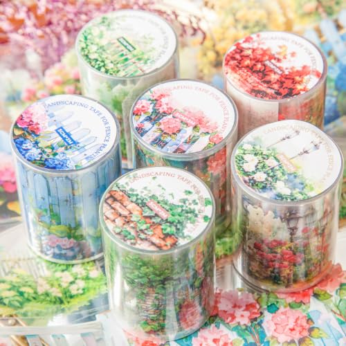 PET Tape Stickers for Journaling 6 Rolls Flower Washi Tape Stickers Decorative Tape for Crafts Scrapbooking Junk Journal Supplies, Plants Fence - color: Plants Fence