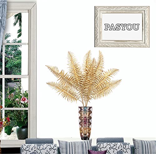 PASYOU Artificial Plants Christmas Decor, Gold Fake Flowers Shrubs Plastic Grass Leaves Indoor Outdoor Home Garden Party Hotel Verandah Wedding Event Faux DIY Decoration - 30 Inch Golden 2 Bunches - color: (Tall) Gold Boston Grass - 2 Pack