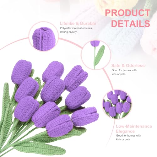 MECCANIXITY Tulip Crochet Flowers, Artificial Knitted Tulip Flower Completed Handmade Tulips Bouquet for Gift Home Birthday Wedding Decoration, Dark Purple Pack of 10 - color: Dark Purple