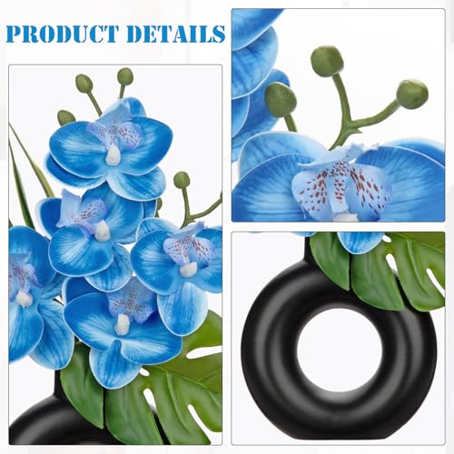 Briful 2PCS Blue Orchid Fake Flowers in Black Ceramic Pot Silk Orchid Floral Arrangement Faux Orchid Plant for Home Office Room Shelf Table Centerpiece Modern Decor - color: Blue