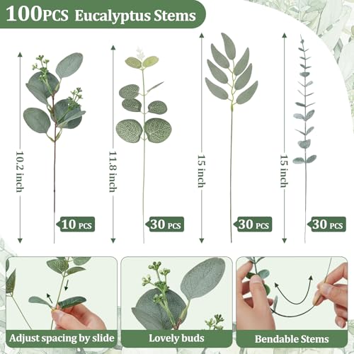 Serwalin Artificial Greenery Stems, Faux Eucalyptus Stems Bulk with Fake Leaves, Mixed Greenery for Centerpieces and Vase, Artificial Eucalyptus Plants for DIY Flower Wedding Home Decor - color: Attractive Forest Green-100pcs