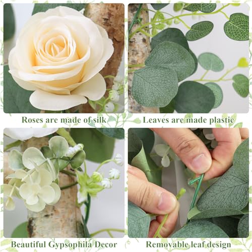 TOCHGREEN 4Pcs(26 Ft) Artificial Eucalyptus Flower Garland with Champagne Rose Flowers,Faux Rose Vine Gypsophila,Floral Greenery for Party Wedding Table Decor (Champagne, 4PCS) - color: Champagne, size: 4PCS