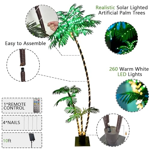 SOSHOT 7FT Solar Lighted Palm Trees for Outside Patio Light Up 260 LED Artificial Fake Tree Lights for Pool Bar Tropical Party Deck Outdoor Decorations - style: 7FT Solar