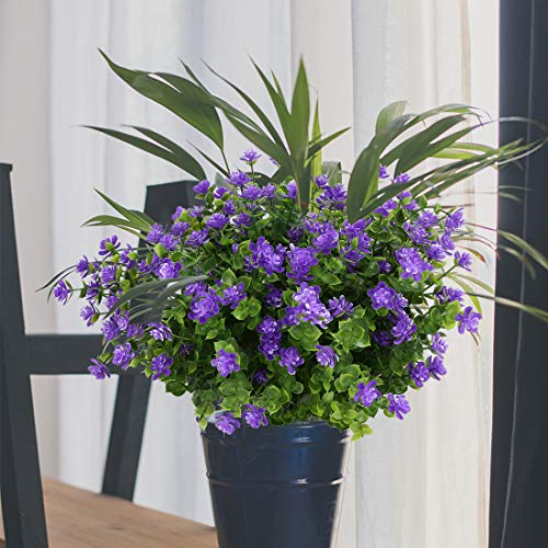 6 Bundles Artificial Flowers, Fake Artificial Greenery UV Resistant No Fade Faux Plastic Plants for Wedding Bridle Bouquet Indoor Outdoor Home Garden Kitchen Office Table Vase (Purple) - color: Purple