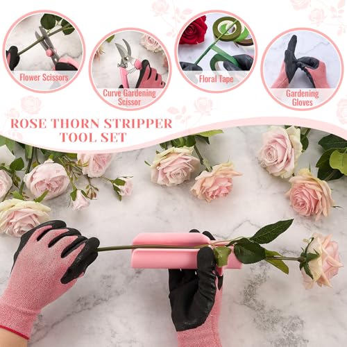 9 Pcs Rose Thorn Remover Set Include 1 Flower Thorn Stripper Tool 5 Floral Tape 1 Flower Scissor 1 Curve Gardening Scissors 1 Pair Gardening Gloves for Valentine Women Mother Gift (Pink) - color: Pink