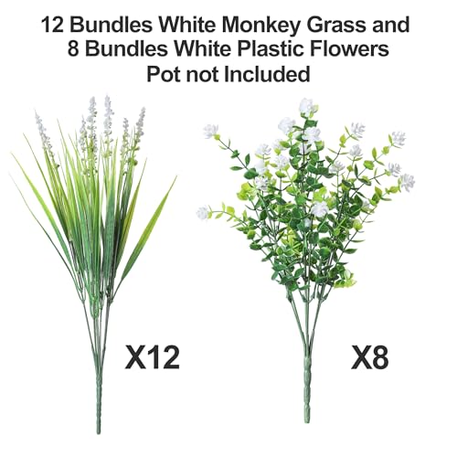 HyeFlora 20 Bundles Artificial Fake Outdoor Plants Flowers for Spring Decoration, UV Resistant Realistic White Plastic Flowers Faux Plant Monkey Grass for Planter Home Garden Porch Patio Window Box - color: 12pcs White Monkey Grass+8pcs White Flowers
