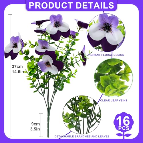 16 Pcs Artificial Pansy Flowers for Outdoors Purple Faux Silk Spring Flowers for Outside, UV Resistant Realistic Pansies for Window Front Door Porch Home Decor (16, Light Purple,White,Purple) - color: Light Purple,white,purple