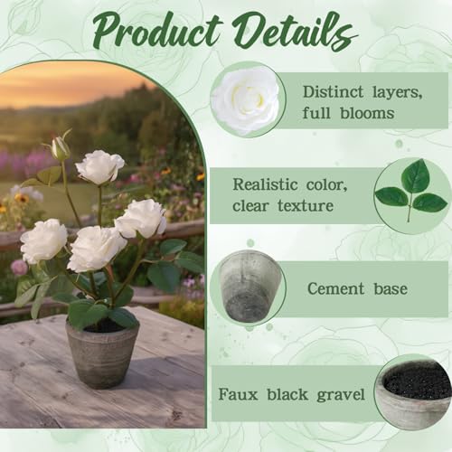 Rose in Pot Decor Potted Artificial Flowers Mini Plants Faux Flowers Indoor Small Decor Fake Roses for Home, Bathroom, Kitchen, Offices, Wedding Party Centerpieces (Rose White) - color: Rose White