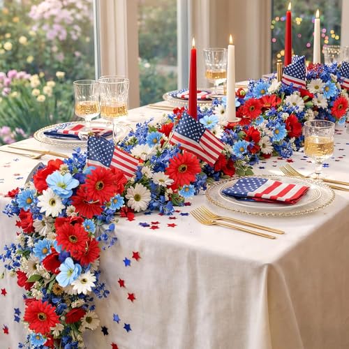 6 ft Red White Blue Garland 4th of July Patriotic Flower Garland for Mantle Artificial 250th Decoration with Daisy Lavender Vine Memorial Day Faux Floral for Independence Table Decor - style: Independence Day