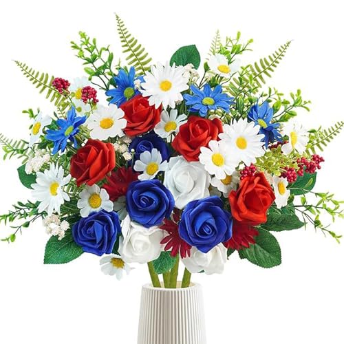 Patriotic Artificial Flower Bouquet Red White and Blue Roses and Daisies 4th of July Independence Day Memorial Day Table Centerpiece Holiday Party Art Decoration Supply