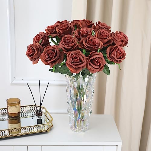 Tifuly Roses Artificial Flowers - 12 Pcs Long Stem Silk Roses, Realistic Fake Roses with Stems for Bridal Bouquets, Home and Office DIY Decor（Burnt Orange） - color: Burnt Orange