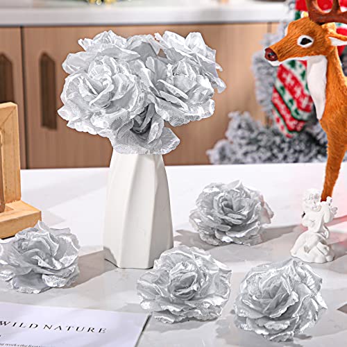 Yunlly 100 Pcs Artificial Flowers Fake Silk Roses Long Stem Rose Bouquet Wedding Party Home Decor for DIY Baby Shower Centerpieces Tables Home Decorations(Silver) - color: Silver