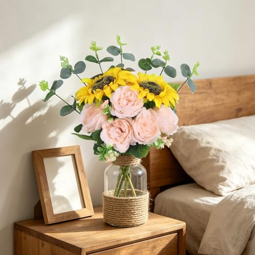 Artificial Sunflowers Mixed Fake Silk Roses Faux Peony Flowers Bouquet with Eucalyptus Stems for Spring Wedding Bride Home Table Centerpiece Farmhouse Decor(Pink) - color: Pink