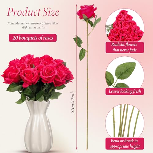 Hotop 20 Pcs Artificial Rose Flowers with Long Stem,Real Lifelike Silk Realistic Plastic Bouquet Roses Bulk for Home Decor Bridal Wedding Party Table Centerpieces Decorations(Hot Pink) - color: Hot Pink