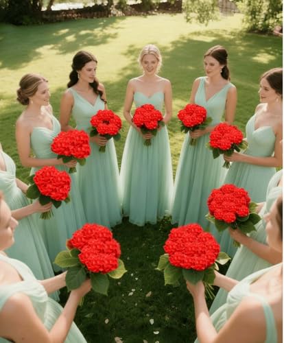 50 Pack Artificial Red Hydrangea Flowers with Leaves, 6 Inch Silk Flower Heads, DIY Mother's Day Wedding Decor Set with 100 Leaves, 50 Stems - color: Red
