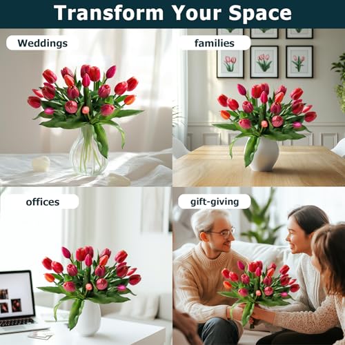 Bailikang 20PCS Fake Tulips Artificial Tulip Silk Flowers Fake PU Bouquet Artificial Flowers Faux Flowers with Gift Box Soft Faux Tulips Bouquets Arrangements for Party Wedding Home - color: Red